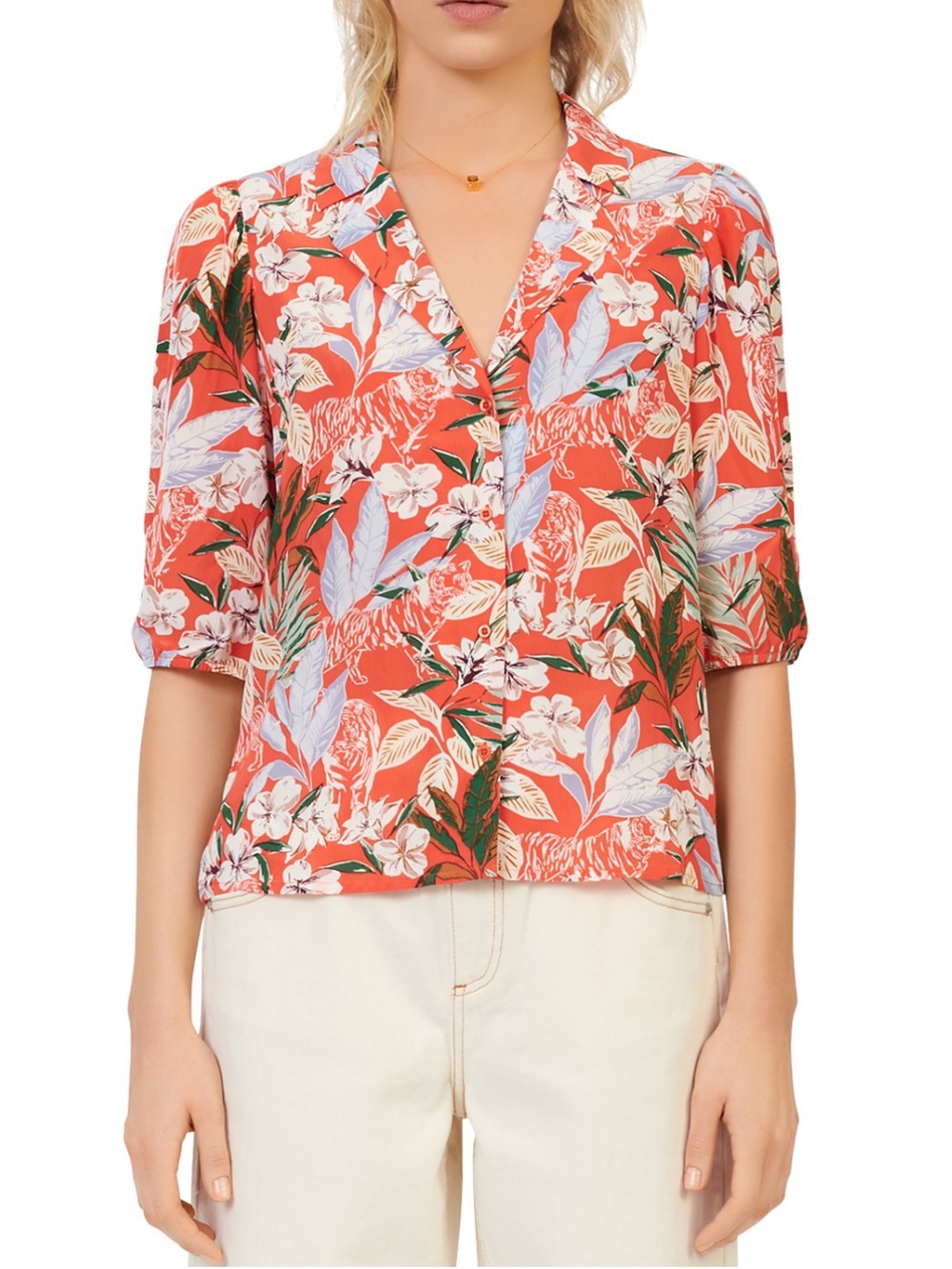 MAJE Civale Floral Tiger Print Hawaiian Button Down Shirt